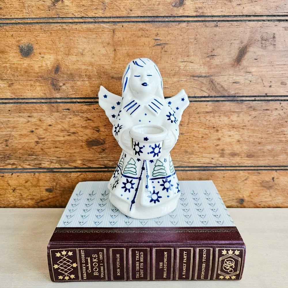 Vtg Polish Pottery Angel Taper Candle Holder Figurine Boleslawiec Cobalt Blue